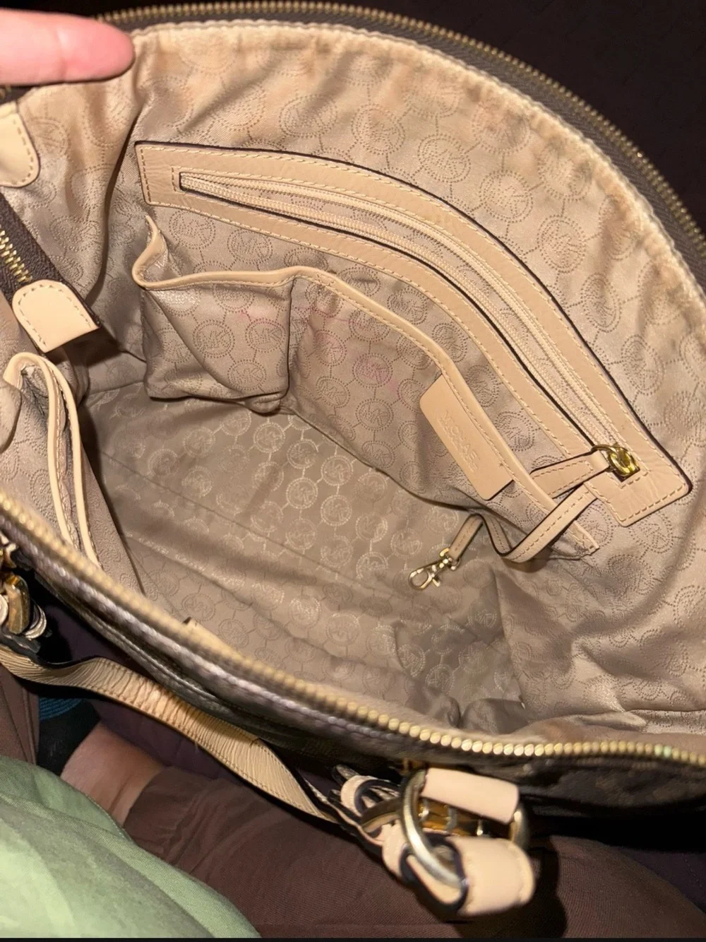 Michael Kors Brown Signature MK Tote with Beige Trim and Gold Charm